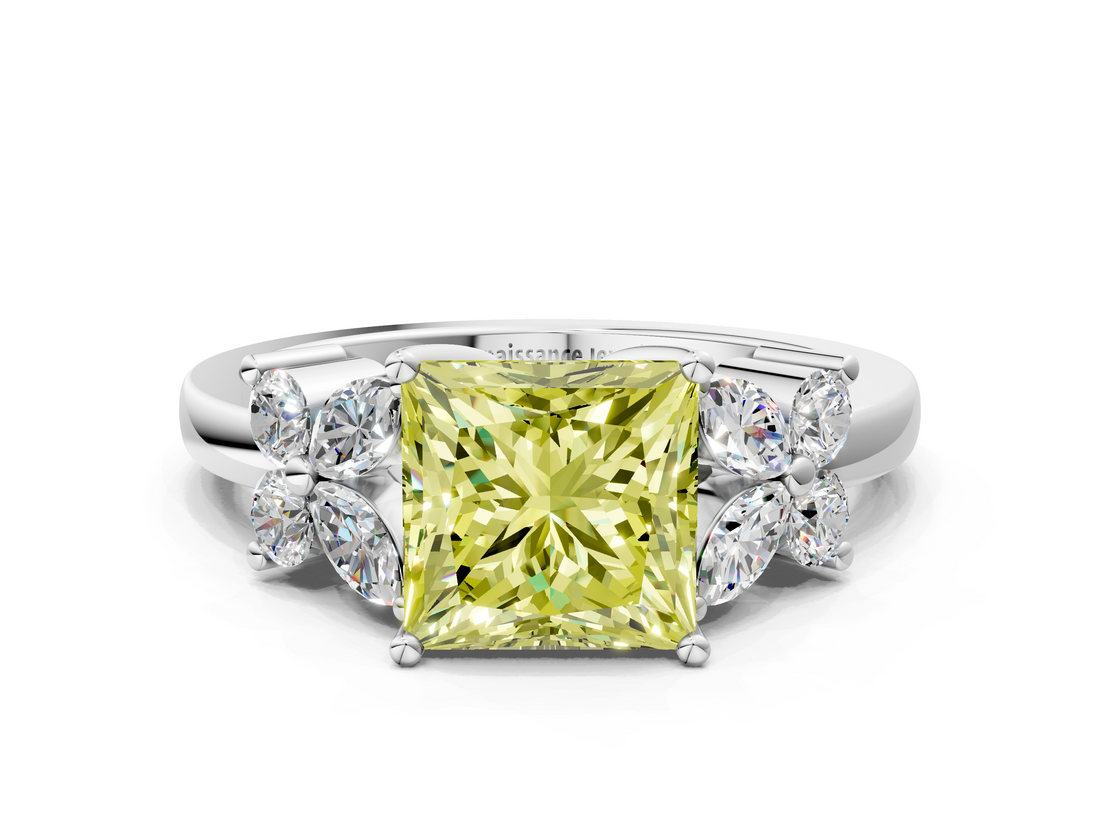 White gold Fancy Yellow Princess  Diamond Floral Cluster Ring with Solitaire Band and Prong Setting