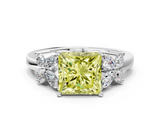 White gold Fancy Yellow Princess  Diamond Floral Cluster Ring with Solitaire Band and Prong Setting
