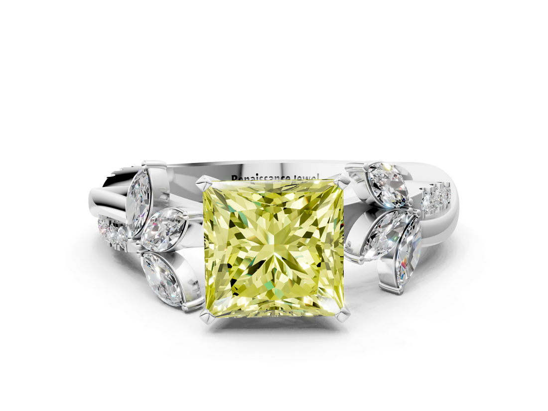 White gold Fancy Yellow Princess  Diamond Floral Vine Solitaire Engagement Ring