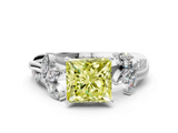 White gold Fancy Yellow Princess  Diamond Floral Vine Solitaire Engagement Ring