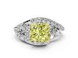 White gold Fancy Yellow Princess  Diamond Halo Ring with Marquise and Pavé Band in Prong Setting