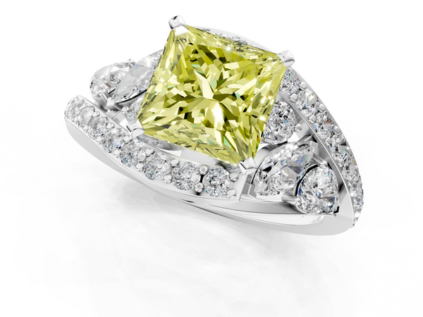 White gold Fancy Yellow Princess  Diamond Halo Ring with Marquise and Pavé Band in Prong Setting
