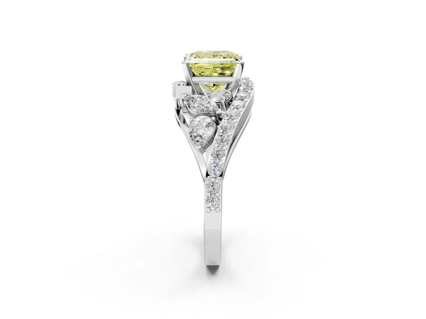 White gold Fancy Yellow Princess  Diamond Halo Ring with Marquise and Pavé Band in Prong Setting