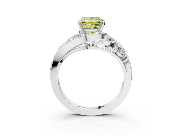 White gold Fancy Yellow Princess  Diamond Halo Ring with Marquise and Pavé Band in Prong Setting