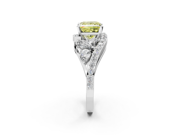 White gold Fancy Yellow Princess  Diamond Halo Ring with Marquise and Pavé Band in Prong Setting