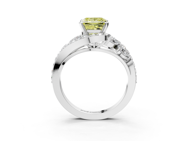White gold Fancy Yellow Princess  Diamond Halo Ring with Marquise and Pavé Band in Prong Setting