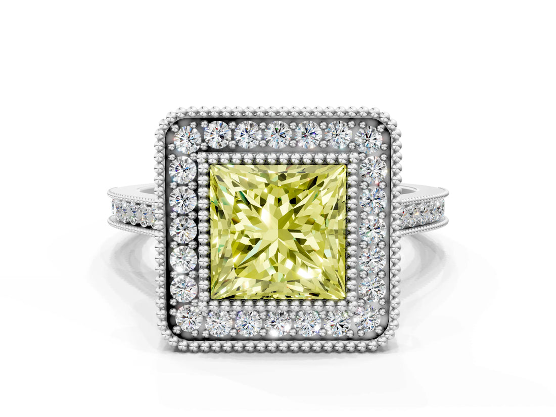 White gold Fancy Yellow Princess  Diamond Halo Ring with Milgrain Frame and Pavé Band_35