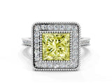 White gold Fancy Yellow Princess  Diamond Halo Ring with Milgrain Frame and Pavé Band_35