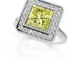 White gold Fancy Yellow Princess  Diamond Halo Ring with Milgrain Frame and Pavé Band_36