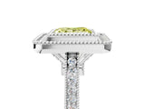 White gold Fancy Yellow Princess  Diamond Halo Ring with Milgrain Frame and Pavé Band_40