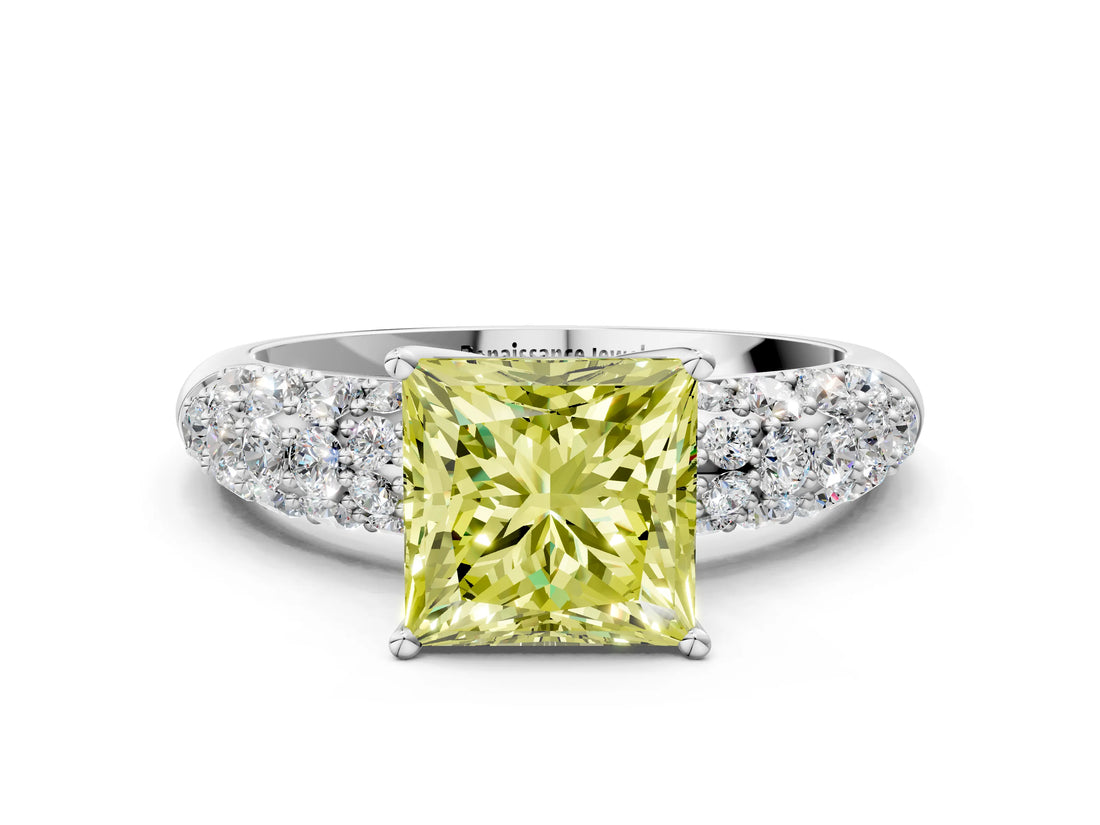 White gold Fancy Yellow Princess  Diamond Pavé Band Solitaire Ring with Four-Prong Setting_29