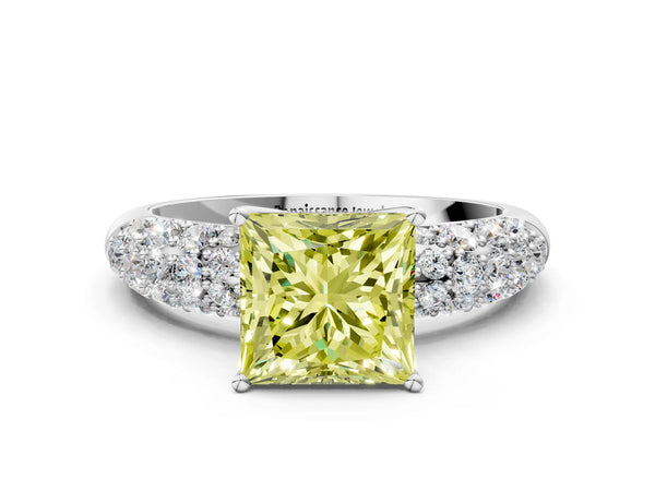 White gold Fancy Yellow Princess  Diamond Pavé Band Solitaire Ring with Four-Prong Setting