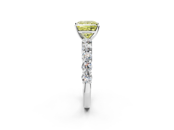 Platinum Fancy Yellow Princess  Diamond Solitaire Ring with Shared Prong Round Side Stones