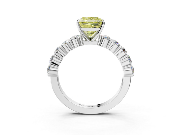 Platinum Fancy Yellow Princess  Diamond Solitaire Ring with Shared Prong Round Side Stones