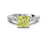 White gold Fancy Yellow Princess  Diamond Pavé Band Solitaire with Four-Prong Setting