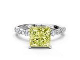 White gold Fancy Yellow Princess  Diamond Prong Set Engagement Ring with Pave Band