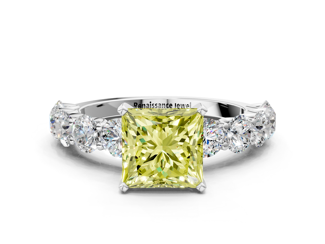 White gold Fancy Yellow Princess  Diamond Prong Setting with Side Stones on a Pave Band