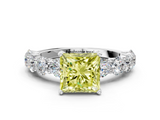 White gold Fancy Yellow Princess  Diamond Prong Setting with Side Stones on a Pave Band