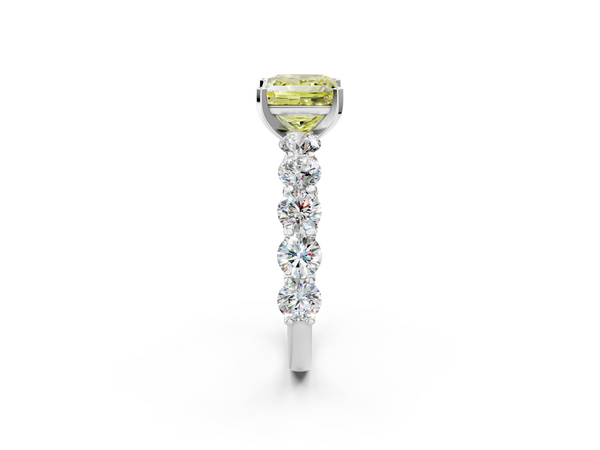 White gold Fancy Yellow Princess Cut Diamond Prong Setting with Side Stones on a Pave Band