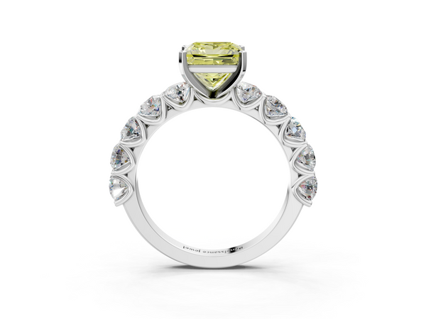 White gold Fancy Yellow Princess Cut Diamond Prong Setting with Side Stones on a Pave Band