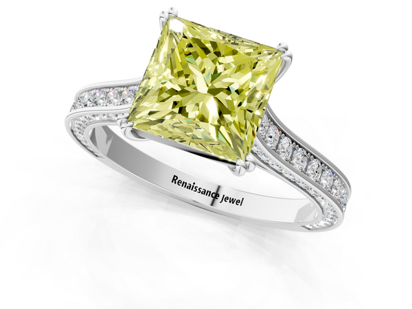 White gold Fancy Yellow Princess  Diamond Solitaire with Pave Band and Six-Prong Setting
