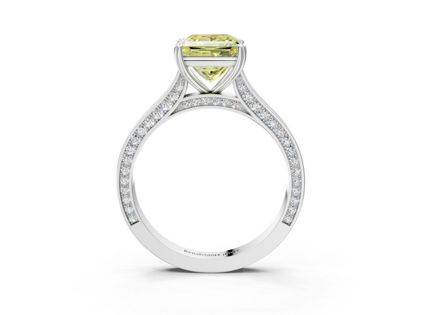 White gold Fancy Yellow Princess  Diamond Solitaire with Pave Band and Six-Prong Setting