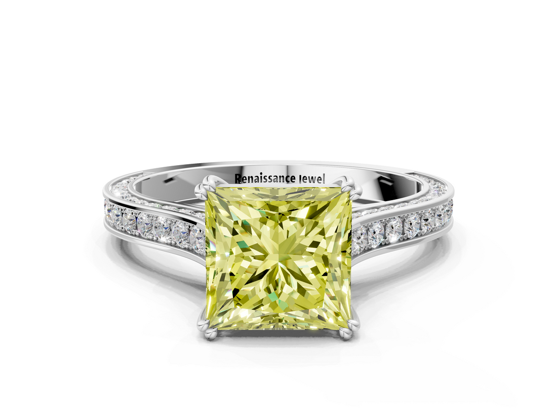 White gold Fancy Yellow Princess  Diamond Solitaire with Pave Band and Six-Prong Setting