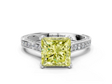 White gold Fancy Yellow Princess  Diamond Solitaire with Pave Band and Six-Prong Setting