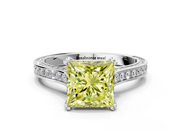 White gold Fancy Yellow Princess  Diamond Solitaire with Pave Band and Six-Prong Setting