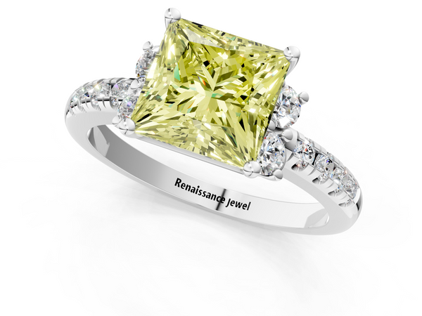 Platinum Fancy Yellow Princess  Diamond Three-Stone Pave Band with Four-Prong Setting