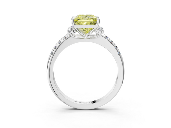 Platinum Fancy Yellow Princess  Diamond Three-Stone Pave Band with Four-Prong Setting