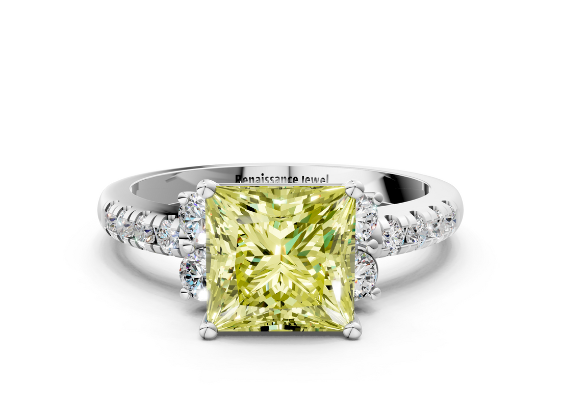 White gold Fancy Yellow Princess  Diamond Three-Stone Pave Band with Four-Prong Setting
