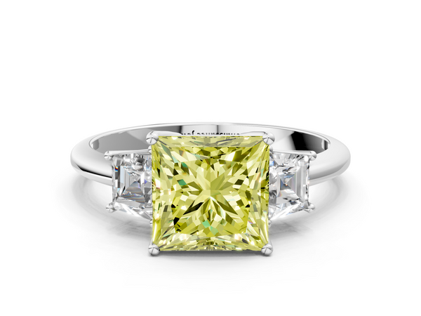 Platinum Fancy Yellow Princess  Diamond Three-Stone Ring with Trapezoid Side Stones and Prong Setting