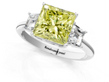 White gold Fancy Yellow Princess  Diamond Three-Stone Ring with Trapezoid Side Stones and Prong Setting_1