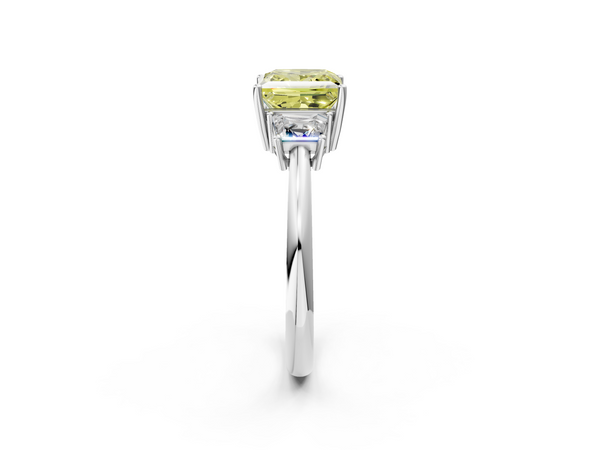 Platinum Fancy Yellow Princess  Diamond Three-Stone Ring with Trapezoid Side Stones and Prong Setting