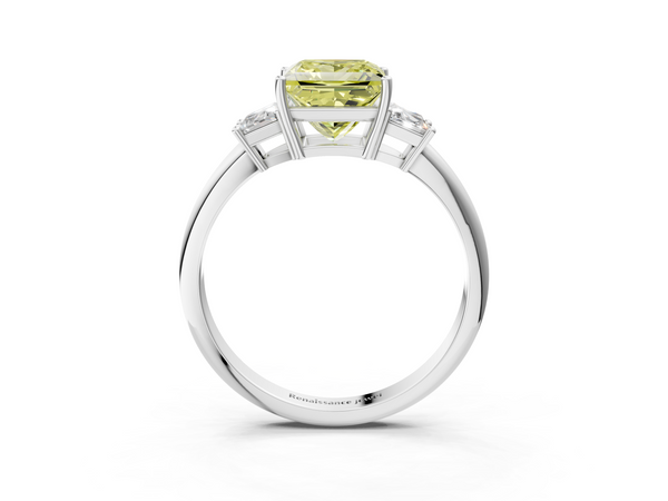 Platinum Fancy Yellow Princess  Diamond Three-Stone Ring with Trapezoid Side Stones and Prong Setting