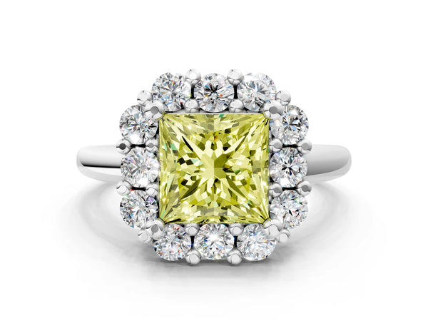 Platinum Fancy Yellow Princess  Halo Cluster Diamond Engagement Ring with Prong Setting and Polished Band
