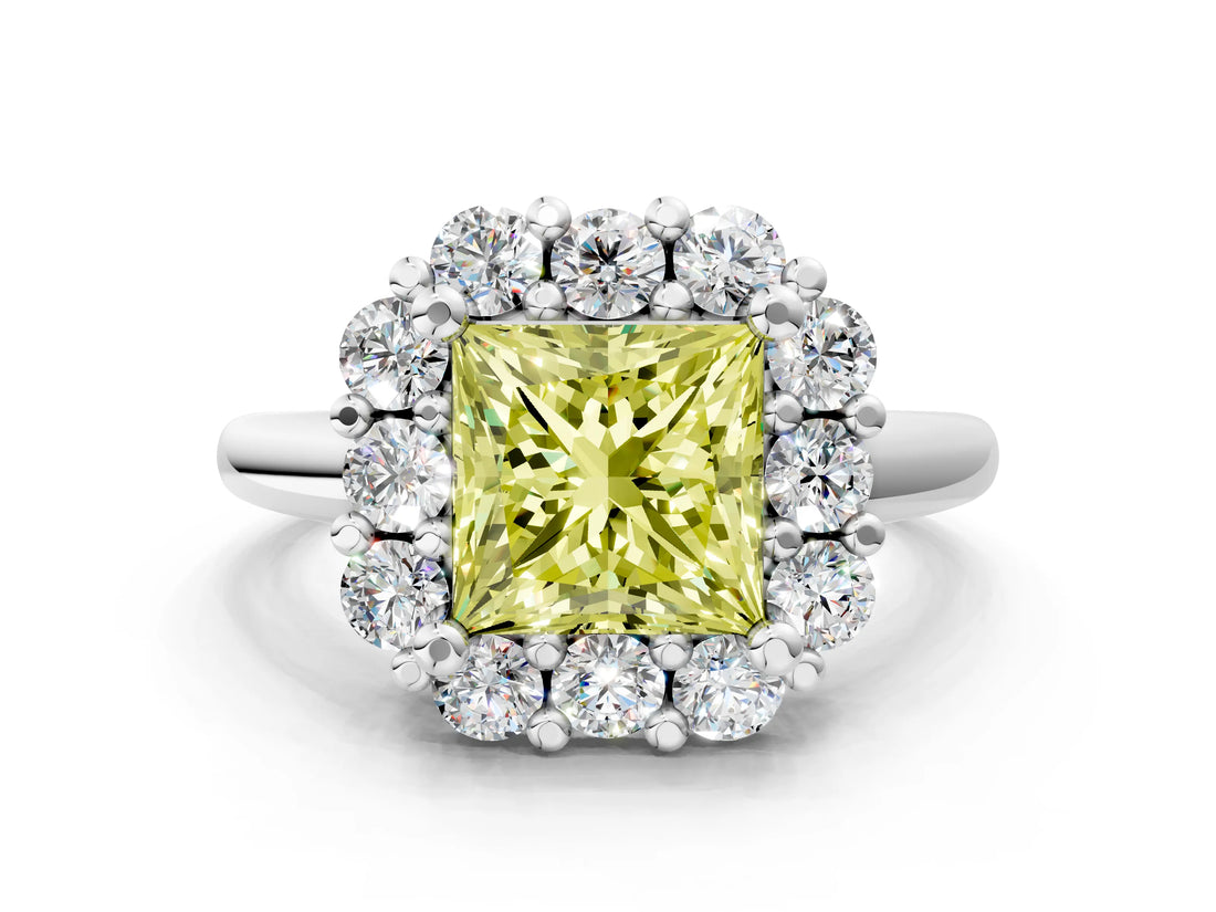 White gold Fancy Yellow Princess  Halo Cluster Diamond Engagement Ring with Prong Setting and Polished Band_63