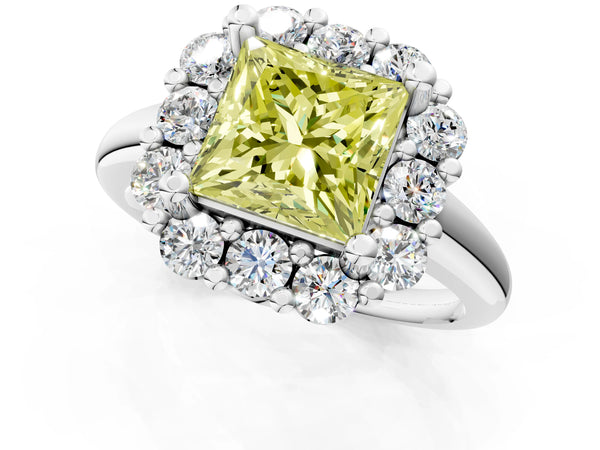 Platinum Fancy Yellow Princess  Halo Cluster Diamond Engagement Ring with Prong Setting and Polished Band