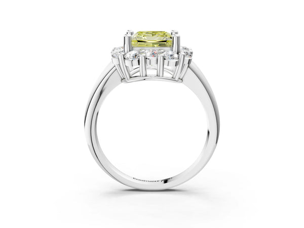 Platinum Fancy Yellow Princess  Halo Cluster Diamond Engagement Ring with Prong Setting and Polished Band