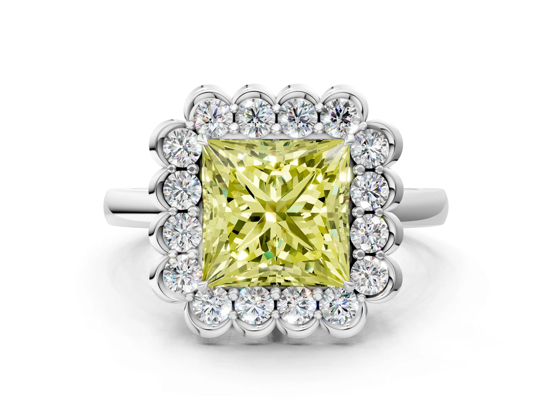 White gold Fancy Yellow Princess  Halo Cluster Diamond Engagement Ring with Solitaire Band and Prong Setting_47