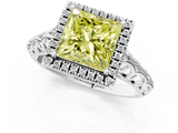 White gold Fancy Yellow Princess  Halo Diamond Engagement Ring with Intricate Filigree Band and Four-Prong Setting_1