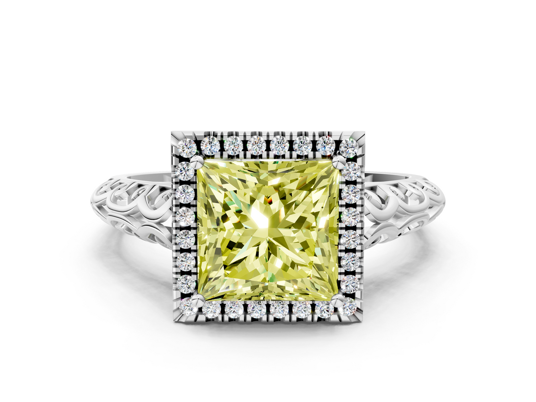 White gold Fancy Yellow Princess  Halo Diamond Engagement Ring with Intricate Filigree Band and Four-Prong Setting