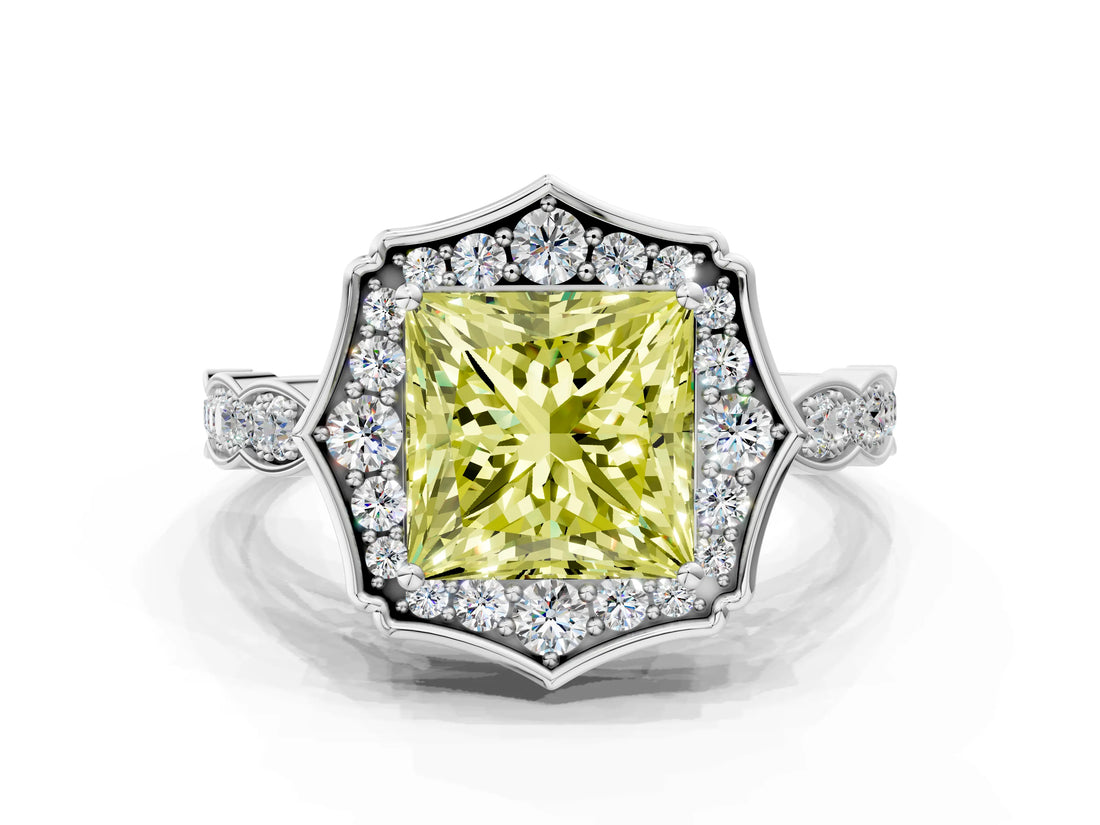 White gold Fancy Yellow Princess  Halo Diamond Engagement Ring with Milgrain Band and Four-Prong Setting_29
