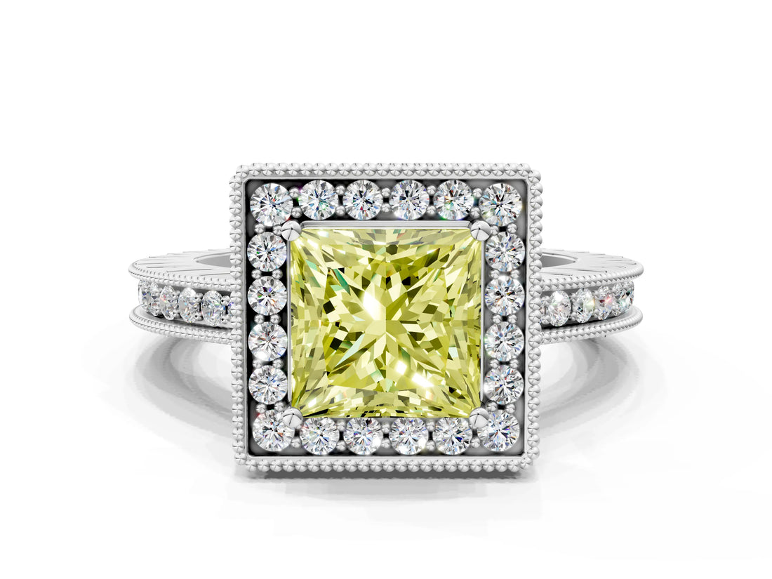 White gold Fancy Yellow Princess  Halo Diamond Engagement Ring with Milgrain Pave Band and Four-Prong Setting_62