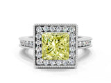 White gold Fancy Yellow Princess  Halo Diamond Engagement Ring with Milgrain Pave Band and Four-Prong Setting_62