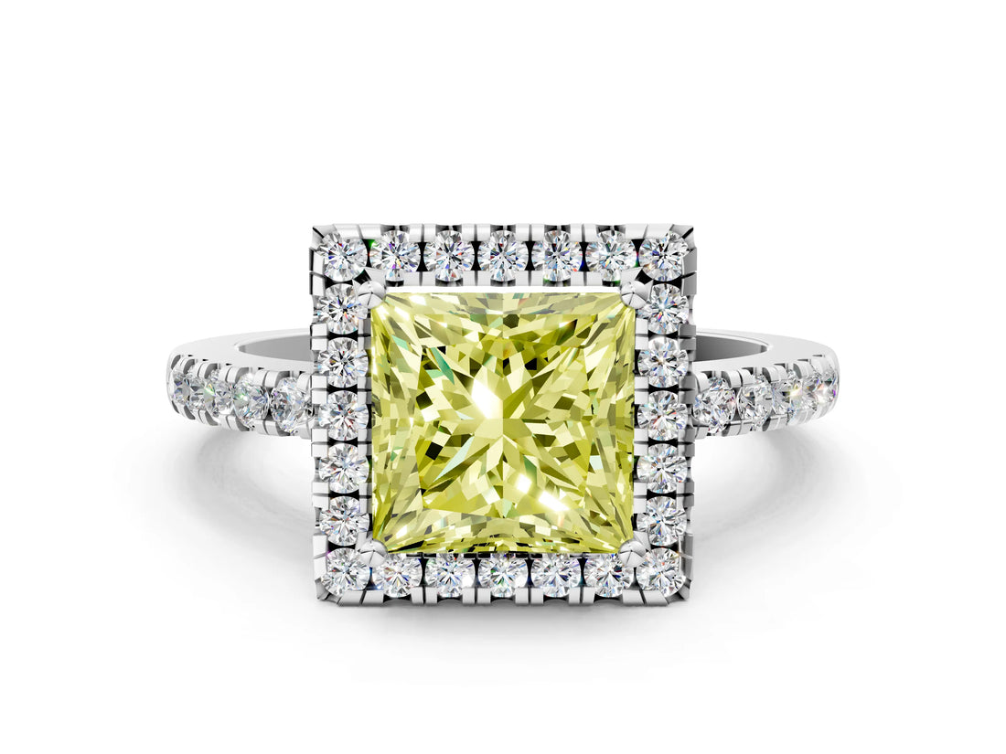 White gold Fancy Yellow Princess  Halo Diamond Engagement Ring with Pavé Band and Four-Prong Setting_93