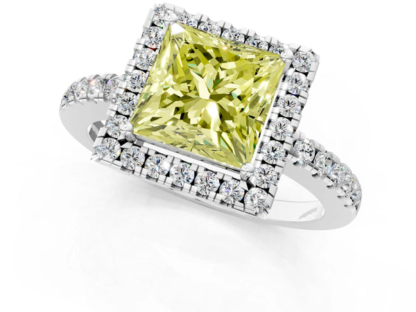 Platinum Fancy Yellow Princess  Halo Diamond Engagement Ring with Pavé Band and Four-Prong Setting