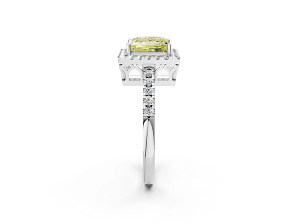 Platinum Fancy Yellow Princess  Halo Diamond Engagement Ring with Pavé Band and Four-Prong Setting