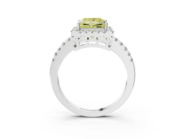 Platinum Fancy Yellow Princess  Halo Diamond Engagement Ring with Pavé Band and Four-Prong Setting